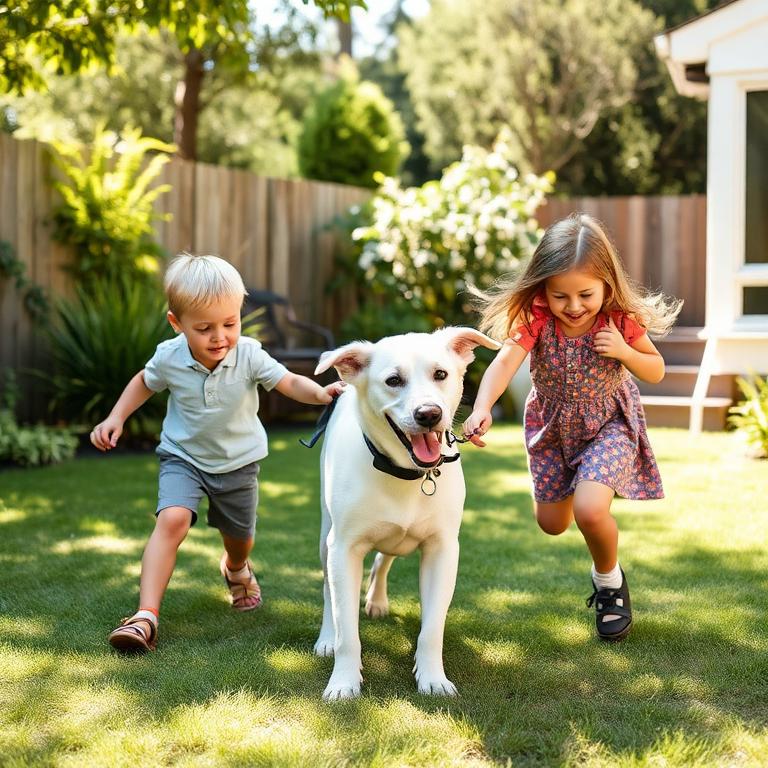 Crianças brincando com cachorro adotado no quintal